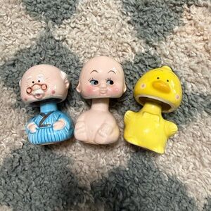 VINTAGE JAPAN Ceramic Bobblehead Lot of Three Grandpa, Baby, and Chicken Easter